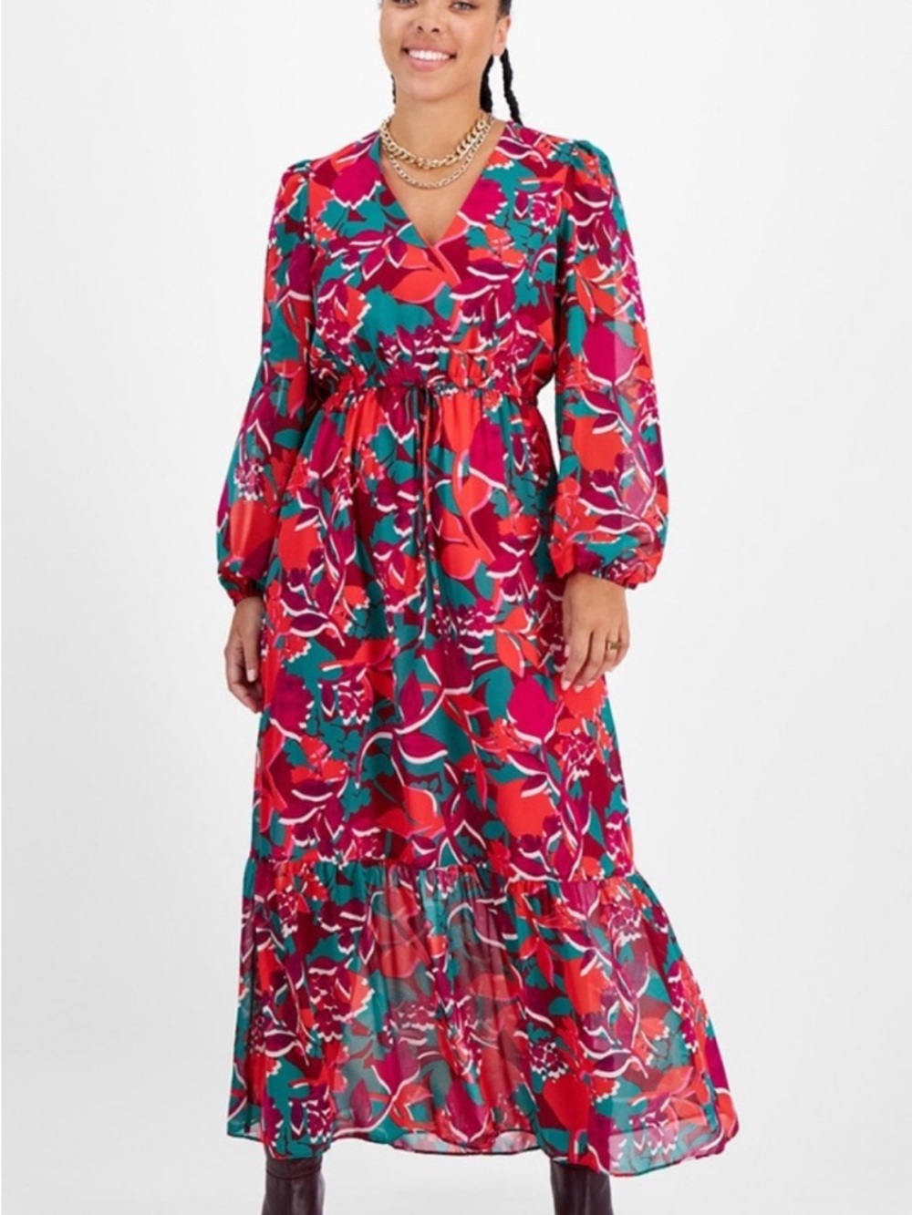 Bar III Red and Teal Floral V-Neck Maxi Dress